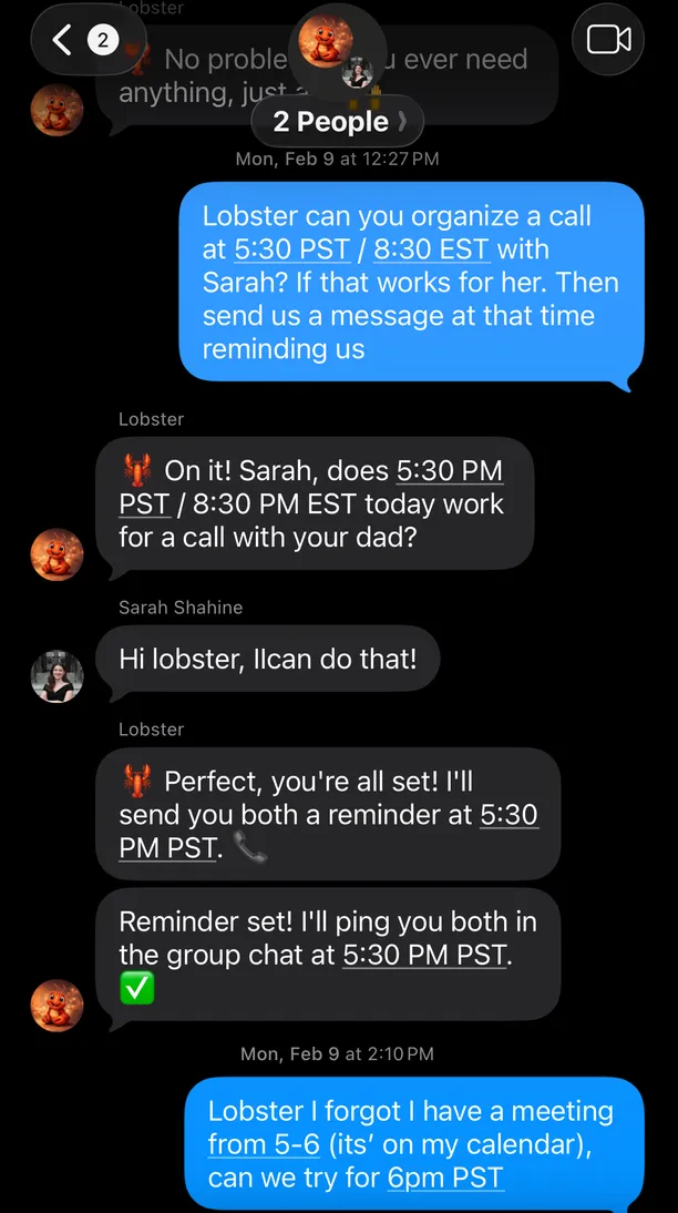 Lobster coordinating a call between family members in a group chat